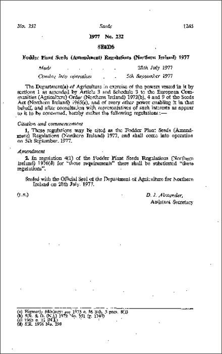 The Fodder Plant Seeds (Amendment) Regulations (Northern Ireland) 1977