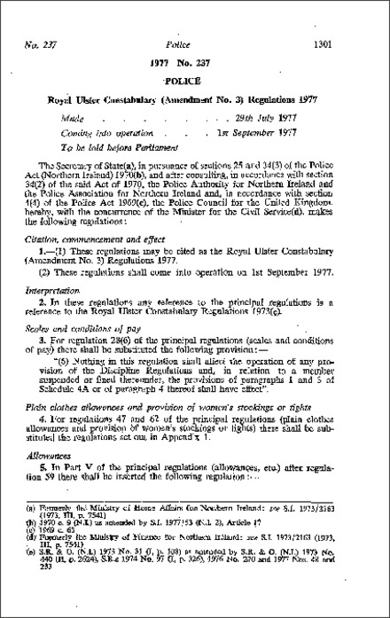 The Royal Ulster Constabulary (Amendment No. 3) Regulations (Northern Ireland) 1977