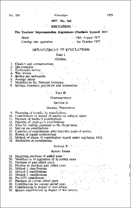 The Teachers' Superannuation Regulations (Northern Ireland) 1977