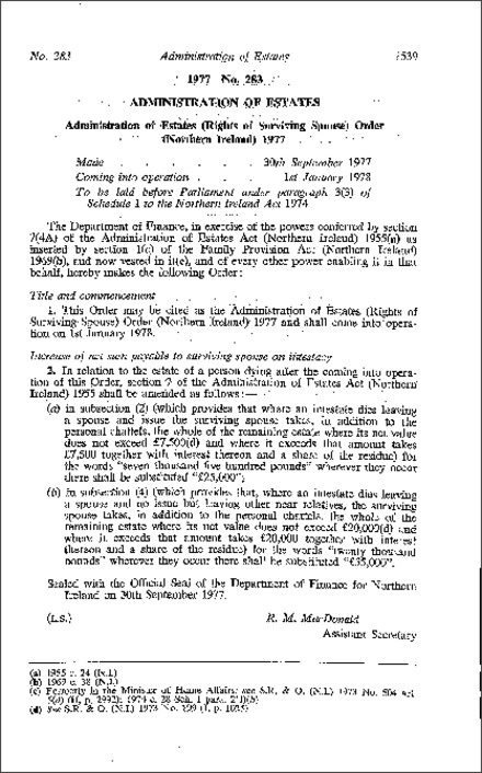The Administration of Estates (Rights of Surviving Spouse) Order (Northern Ireland) 1977