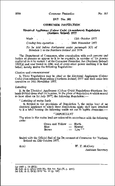 The Electrical Appliances (Colour Code) (Amendment) Regulations (Northern Ireland) 1977