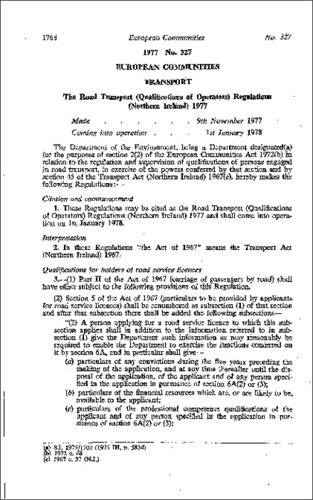 The Road Transport (Qualifications of Operators) Regulations (Northern Ireland) 1977