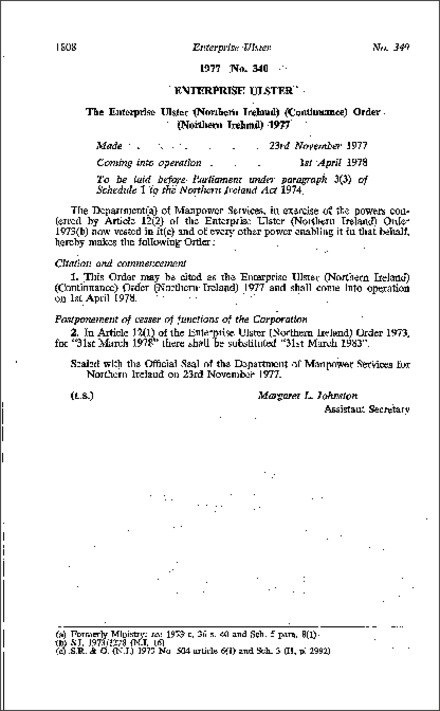 The Enterprise Ulster (Northern Ireland) (Continuance) Order (Northern Ireland) 1977