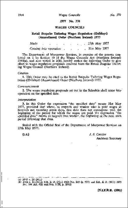 The Retail Bespoke Tailoring Wages Regulation (Holidays) (Amendment) Order (Northern Ireland) 1977