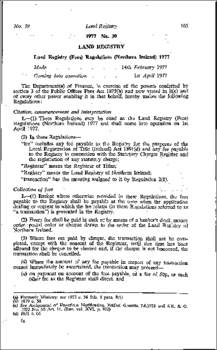 The Land Registry (Fees) Regulations (Northern Ireland) 1977
