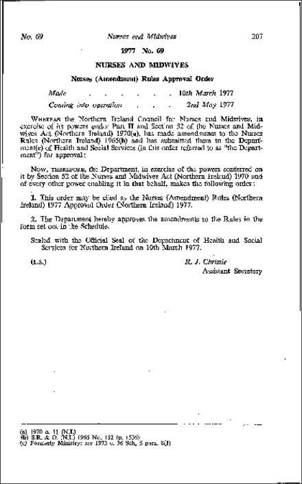 The Nurses (Amendment) Rules (Northern Ireland) 1977 Approval Order (Northern Ireland) 1977