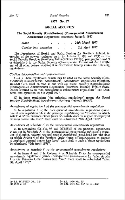 The Social Security (Contributions) (Consequential Amendment) Amendment Regulations (Northern Ireland) 1977