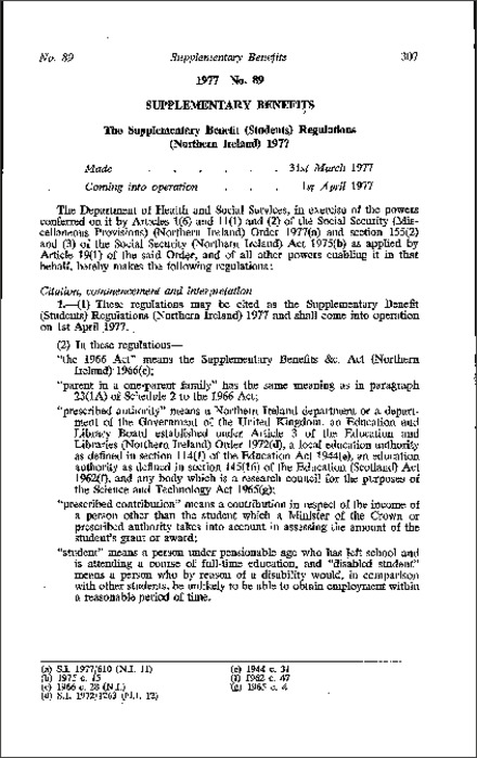 The Supplementary Benefit (Students) Regulations (Northern Ireland) 1977