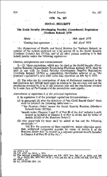 The Social Security (Overlapping Benefits) (Amendment) Regulations (Northern Ireland) 1978