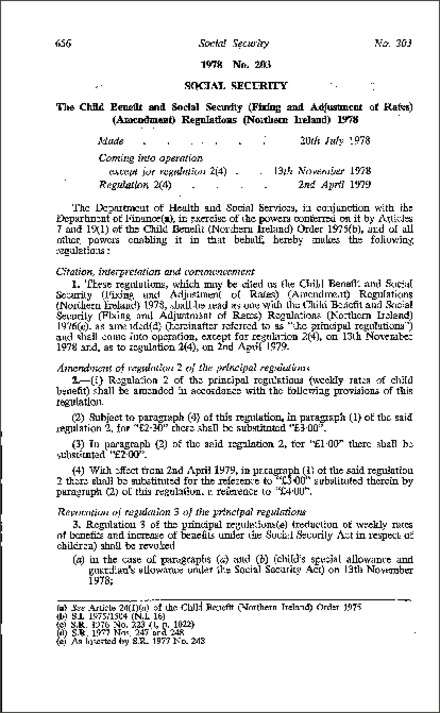 The Child Benefit and Social Security (Fixing and Adjustment of Rates) (Amendment) Regulations (Northern Ireland) 1978