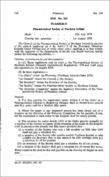 The Pharmaceutical Society of Northern Ireland (General) (Amendment) Regulations (Northern Ireland) 1978
