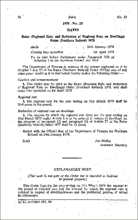 The Rates (Regional Rate and Reduction of Regional Rate on Dwellings) Order (Northern Ireland) 1978