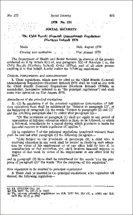 The Child Benefit (General) (Amendment) Regulations (Northern Ireland) 1978