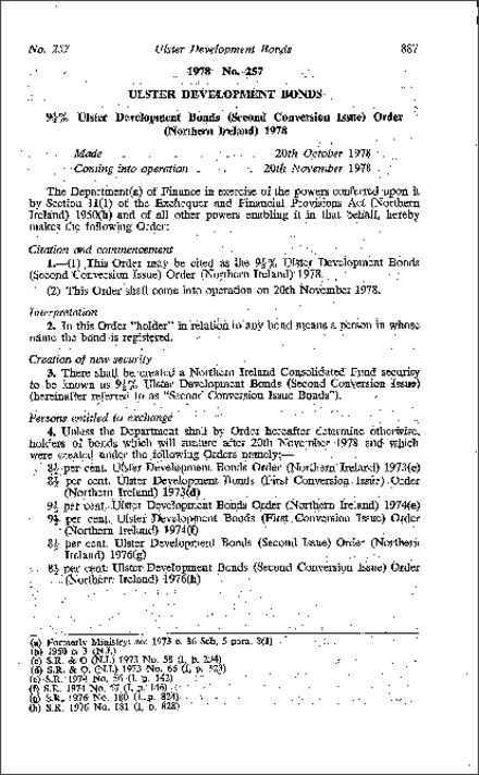 The 9% Ulster Development Bonds (Second Conversion Issue) Order (Northern Ireland) 1978