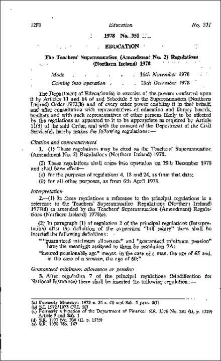 The Teachers' Superannuation (Amendment No. 2) Regulations (Northern Ireland) 1978