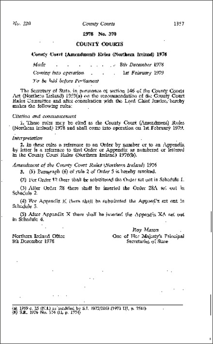 The County Court (Amendment) Rules (Northern Ireland) 1978