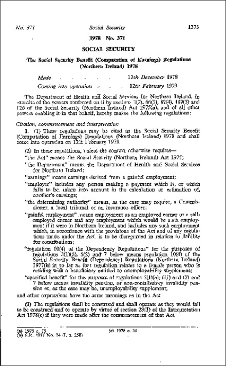 The Social Security Benefit (Computation of Earnings) Regulations (Northern Ireland) 1978