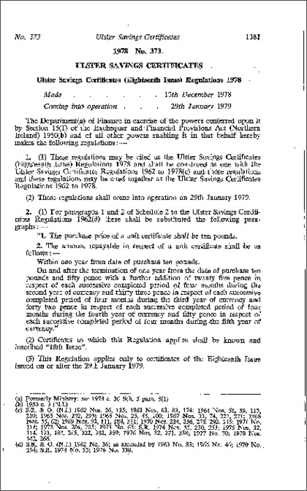 The Ulster Savings Certificates (Eighteenth Issue) Regulations (Northern Ireland) 1978