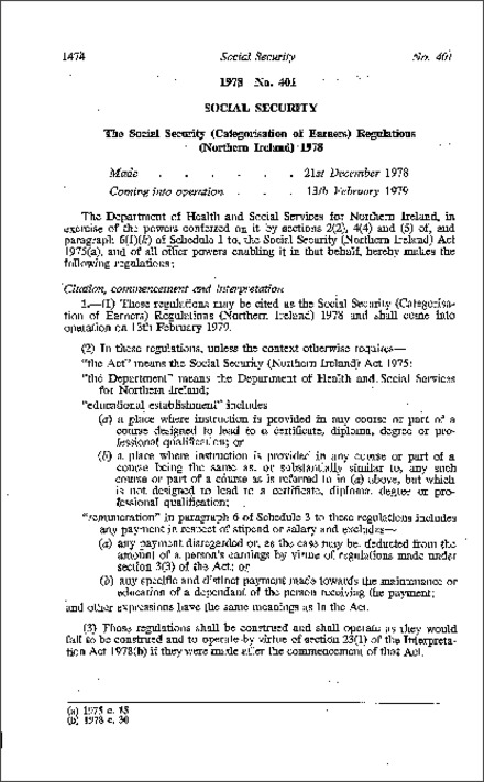 The Social Security (Categorisation of Earners) Regulations (Northern Ireland) 1978