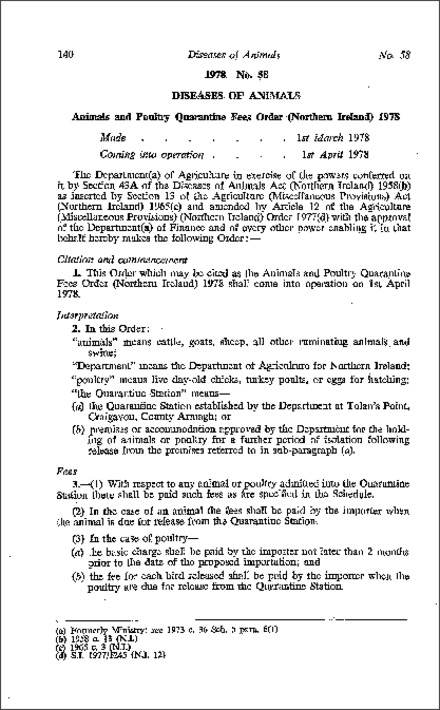 The Animals and Poultry Quarantine Fees Order (Northern Ireland) 1978