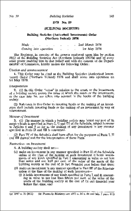 The Building Societies (Authorised Investments) Order (Northern Ireland) 1978