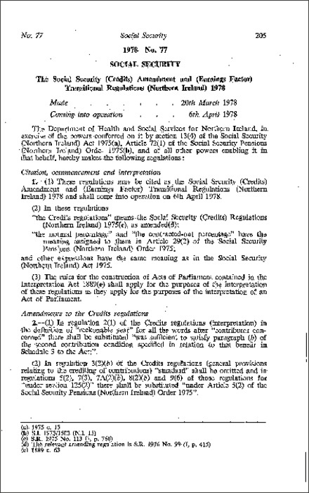 The Social Security (Credits) Amendment and (Earnings Factor) Transitional Regulations (Northern Ireland) 1978