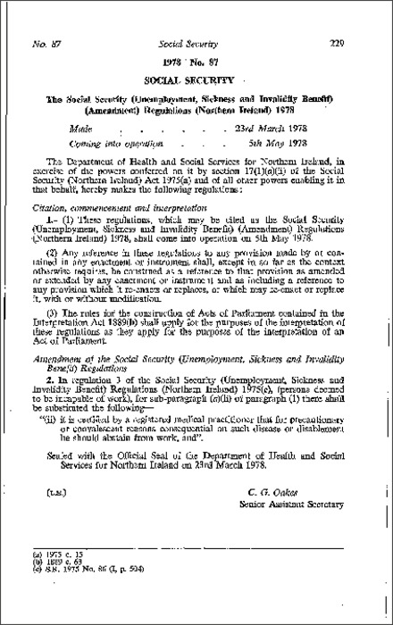 The Social Security (Unemployment, Sickness and Invalidity Benefit) (Amendment) Regulations (Northern Ireland) 1978