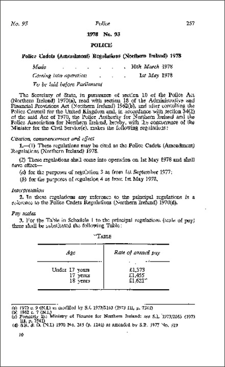 The Police Cadets (Amendment) Regulations (Northern Ireland) 1978