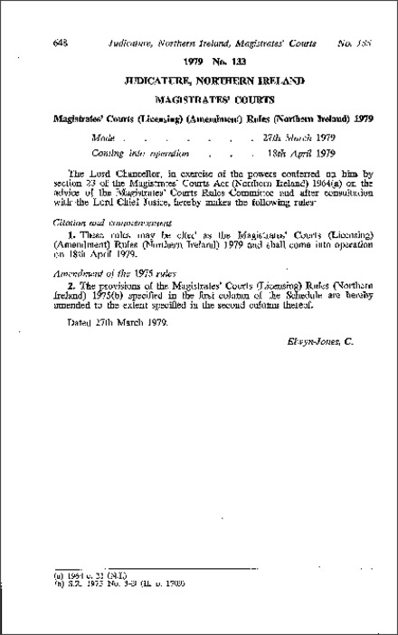 The Magistrates' Courts (Licensing) (Amendment) Rules (Northern Ireland) 1979