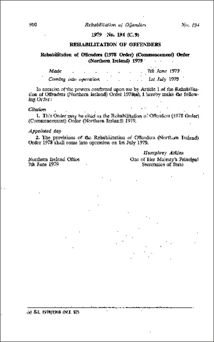 The Rehabilitation of Offenders (1978 Order) (Commencement) Order (Northern Ireland) 1979