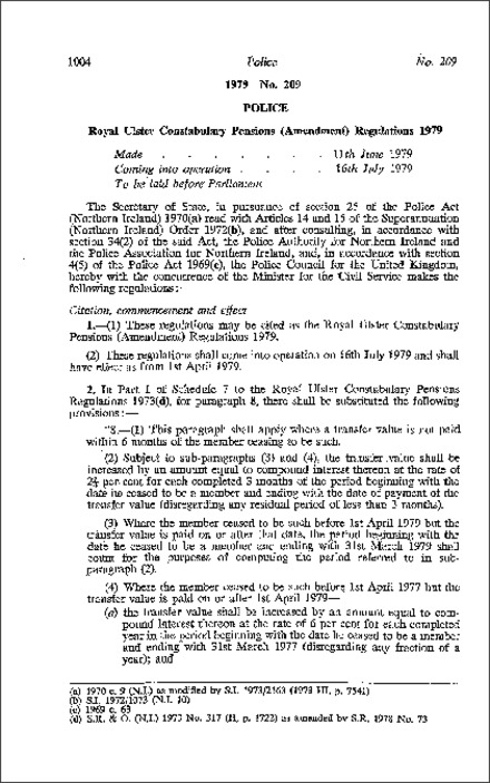 The Royal Ulster Constabulary Pensions (Amendment) Regulations (Northern Ireland) 1979