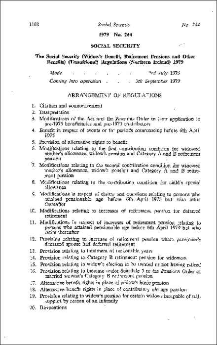 The Social Security (Widow's Benefit Retirement Pensions and Other Benefits) (Transitional) Regulations (Northern Ireland) 1979