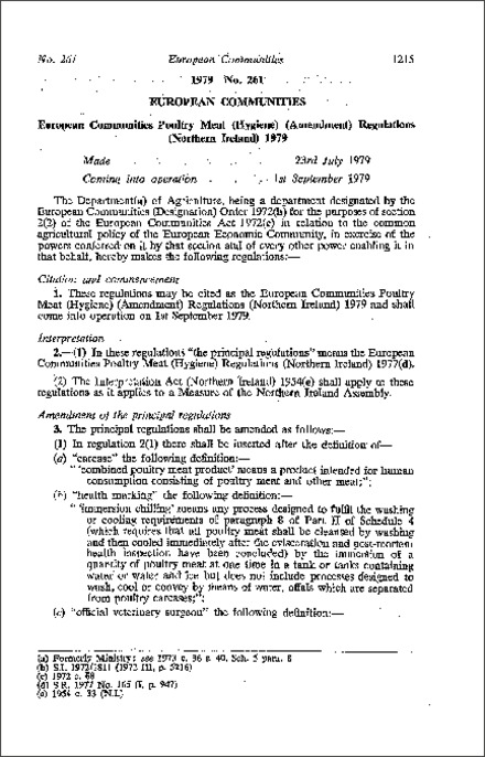 The European Communities Poultry Meat (Hygiene) (Amendment) Regulations (Northern Ireland) 1979