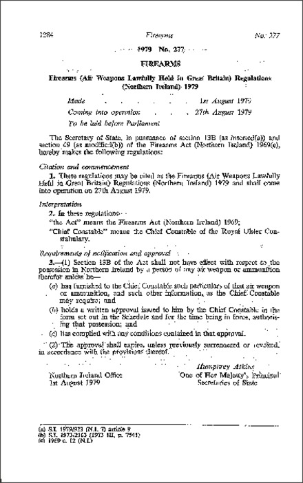 The Firearms (Air Weapons Lawfully Held in Great Britain) Regulations (Northern Ireland) 1979