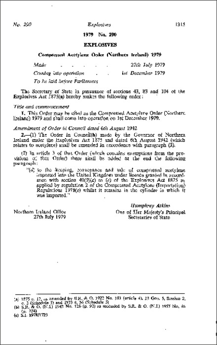 The Compressed Acetylene Order (Northern Ireland) 1979