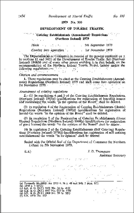 The Catering Establishments (Amendment) Regulations (Northern Ireland) 1979
