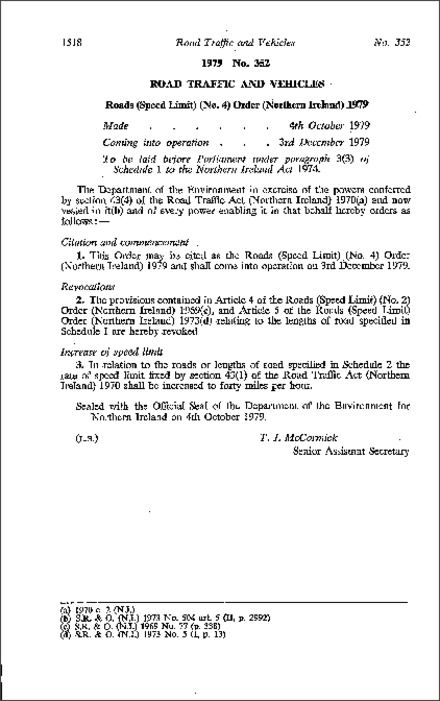 The Roads (Speed Limit) (No. 4) Order (Northern Ireland) 1979