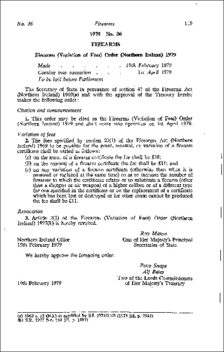 The Firearms (Variation of Fees) Order (Northern Ireland) 1979