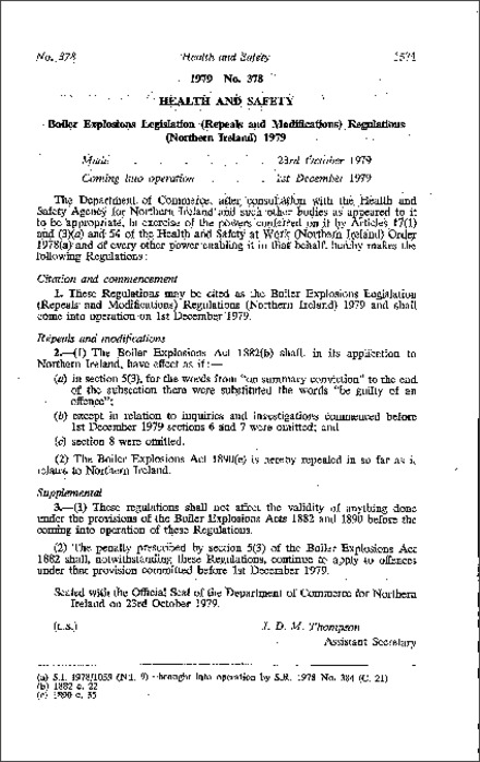 The Boiler Explosions Legislation (Repeals and Modifications) (Northern Ireland) 1979