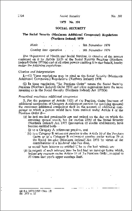 The Social Security (Maximum Additional Component) Regulations (Northern Ireland) 1979
