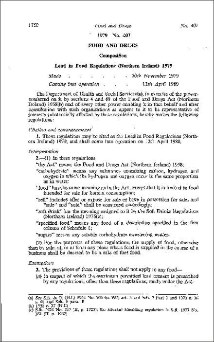 The Lead in Food Regulations (Northern Ireland) 1979