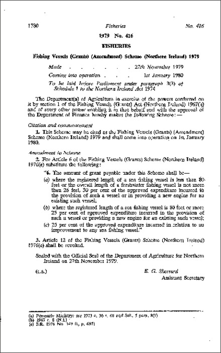 The Fishing Vessels (Grants) (Amendment) Scheme (Northern Ireland) 1979