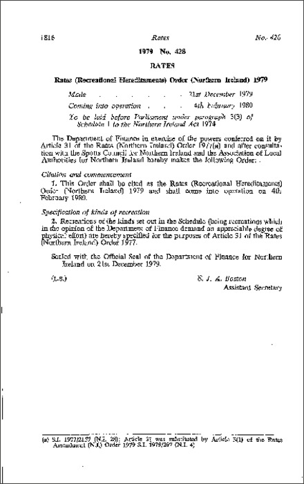 The Rates (Recreational Hereditaments) Order (Northern Ireland) 1979