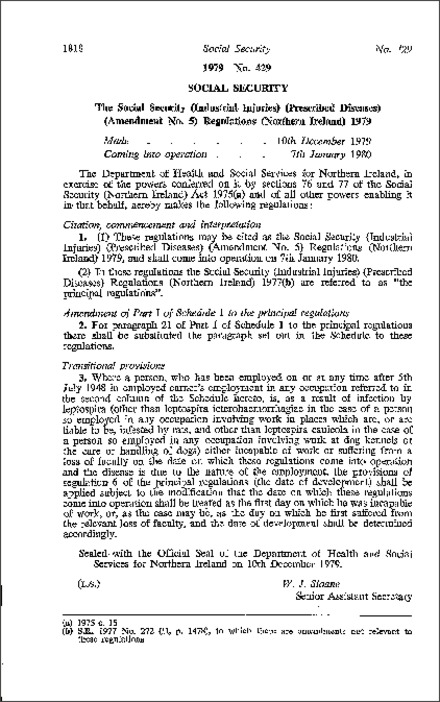 The Social Security (Industrial Injuries) (Prescribed Diseases) (Amendment No. 5) Regulations (Northern Ireland) 1979
