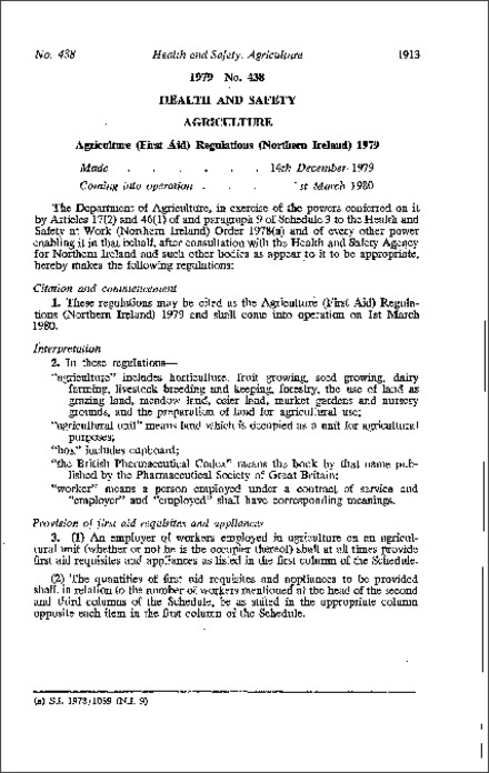 The Agriculture (First Aid) Regulations (Northern Ireland) 1979
