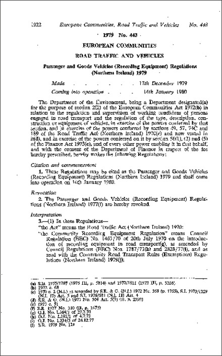 The Passenger and Goods Vehicles (Recording Equipment) Regulations (Northern Ireland) 1979