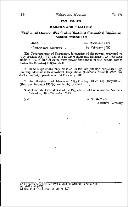 The Weights and Measures (Egg-Grading Machines) (Revocation) Regulations (Northern Ireland) 1979