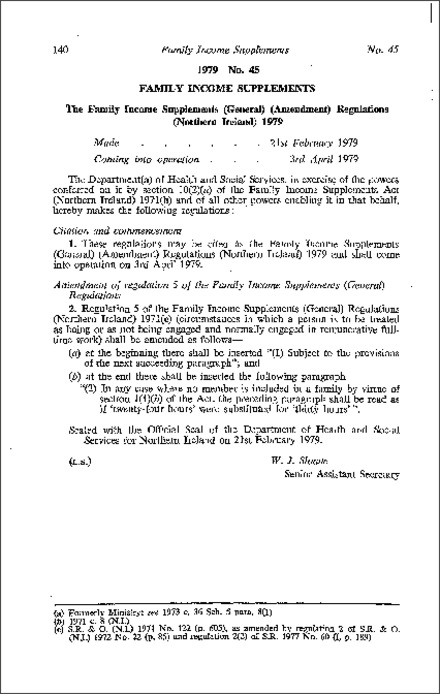 The Family Income Supplements (General) (Amendment) Regulations (Northern Ireland) 1979