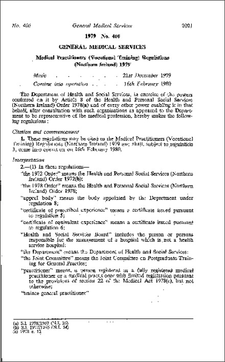 The Medical Practitioners (Vocational Training) Regulations (Northern Ireland) 1979