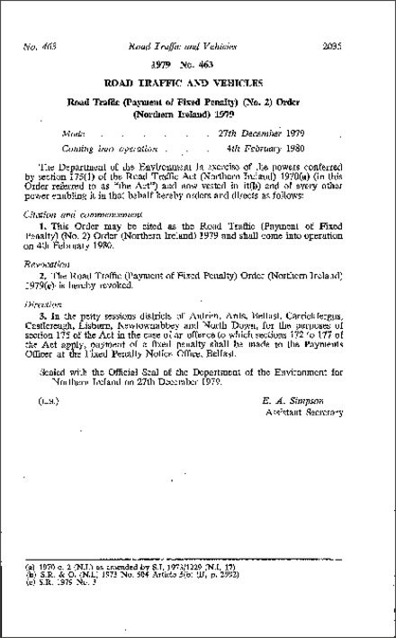 The Road Traffic (Payment of Fixed Penalty) (No. 2) Order (Northern Ireland) 1979